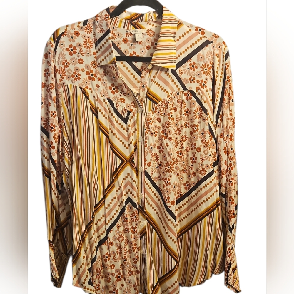 Cato Orange And Yellow Patterned Button Down Shirt - image 2